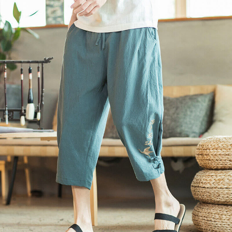 Pantalon sarouel court en coton avec poches pour homme, broderie de grues et de Buddha Stones - image 1