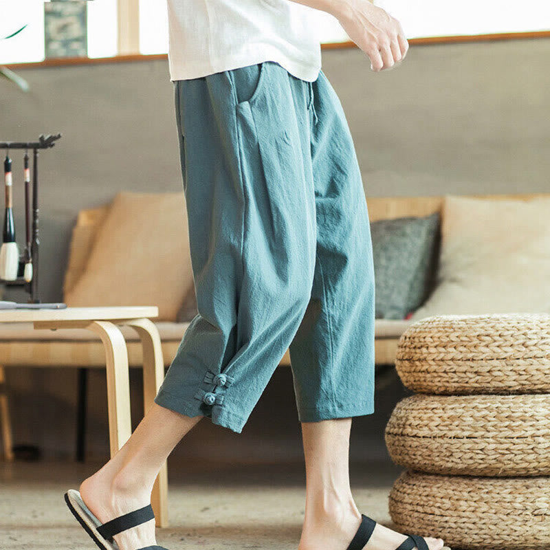 Pantalon sarouel court en coton avec poches pour homme, broderie de grues et de Buddha Stones - image 2