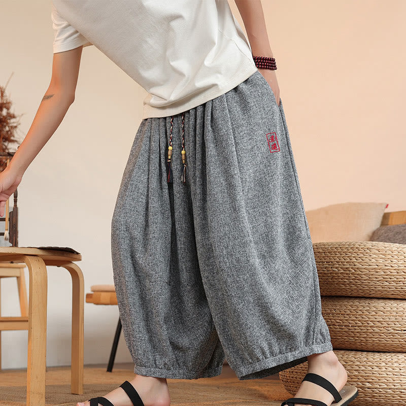 Pantalon sarouel court à la cheville pour homme, avec poches et broderies de personnages d'été, motif Buddha Stones