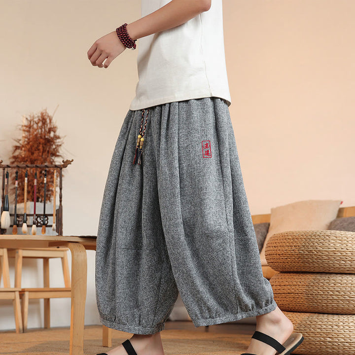 Pantalon sarouel court à la cheville pour homme, avec poches et broderies de personnages d'été, motif Buddha Stones