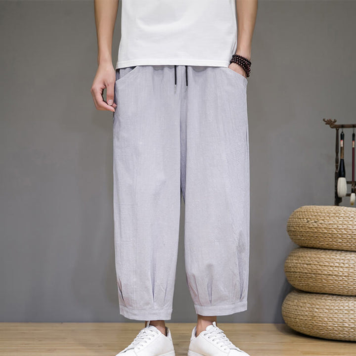 Pantalon sarouel court en coton simple Buddha Stones pour homme avec poches - Gris clair - US/UK/AU46，EU56 (5XL) - image 9