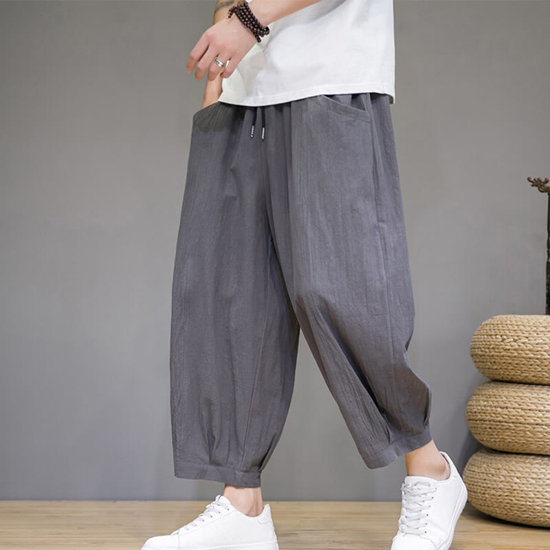 Pantalon sarouel court en coton simple Buddha Stones pour homme avec poches - Gris - US/UK/AU46，EU56 (5XL) - image 0
