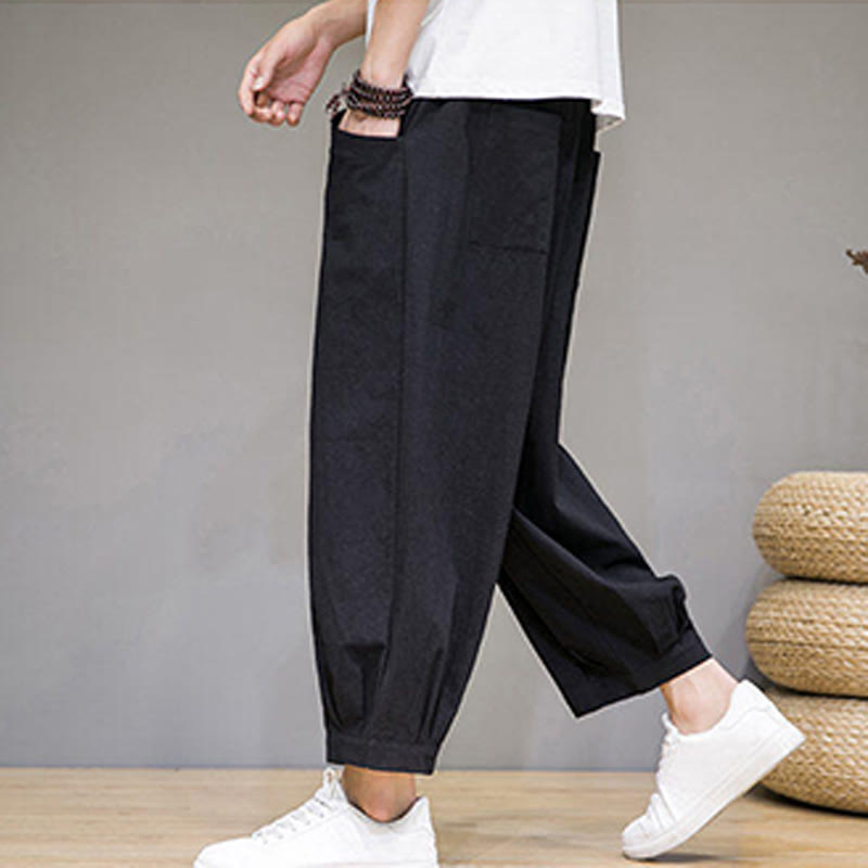 Pantalon sarouel court en coton simple Buddha Stones pour homme avec poches - image 24