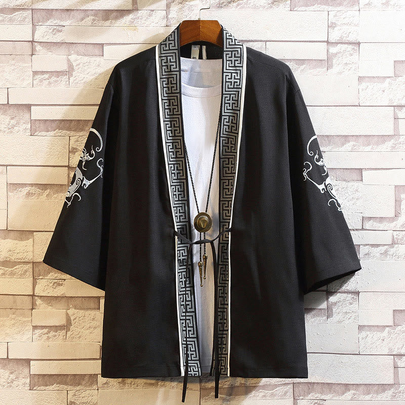 Veste kimono ouverte pour homme, broderie de Buddha Stones, dragon, phénix, nuage de bon augure, vagues, feuilles, grues - Rayures de dragon blanc-noir - US/UK/AU46，EU56 (5XL) - image 0
