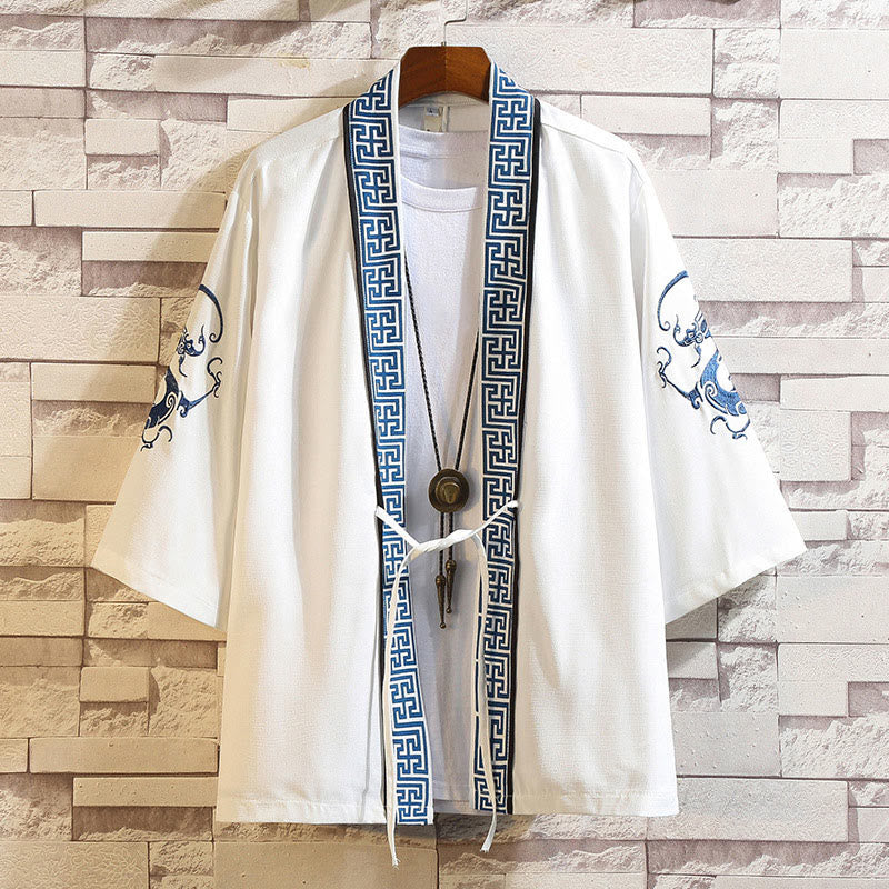 Veste kimono ouverte pour homme, broderie de Buddha Stones, dragon, phénix, nuage de bon augure, vagues, feuilles, grues