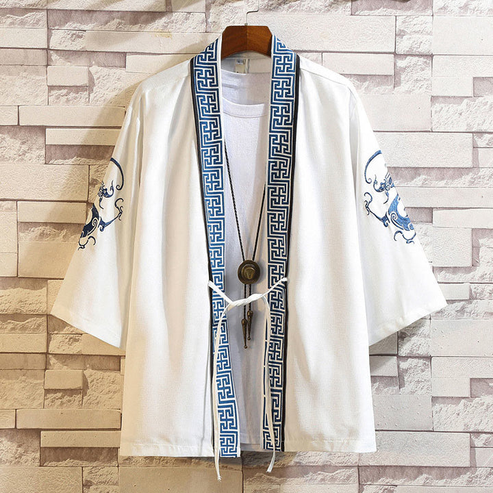 Veste kimono ouverte pour homme, broderie de Buddha Stones, dragon, phénix, nuage de bon augure, vagues, feuilles, grues