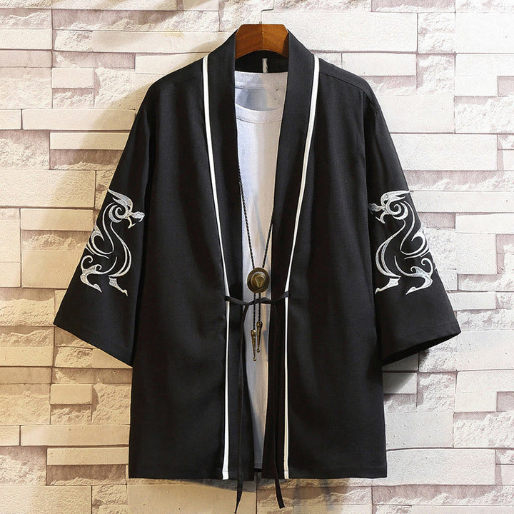 Veste kimono ouverte pour homme, broderie de Buddha Stones, dragon, phénix, nuage de bon augure, vagues, feuilles, grues
