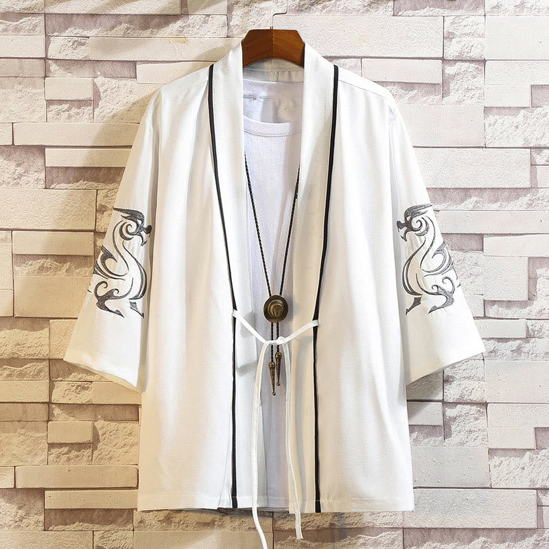 Veste kimono ouverte pour homme, broderie de Buddha Stones, dragon, phénix, nuage de bon augure, vagues, feuilles, grues