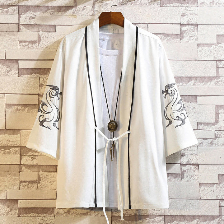 Veste kimono ouverte pour homme, broderie de Buddha Stones, dragon, phénix, nuage de bon augure, vagues, feuilles, grues