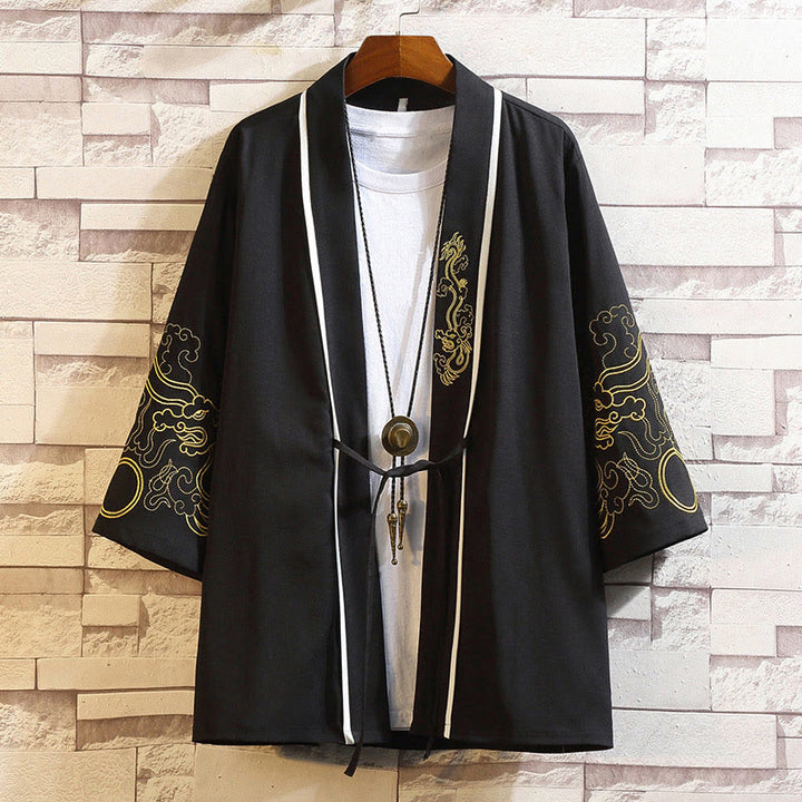Veste kimono ouverte pour homme, broderie de Buddha Stones, dragon, phénix, nuage de bon augure, vagues, feuilles, grues