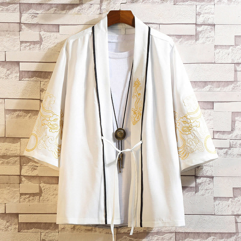 Veste kimono ouverte pour homme, broderie de Buddha Stones, dragon, phénix, nuage de bon augure, vagues, feuilles, grues
