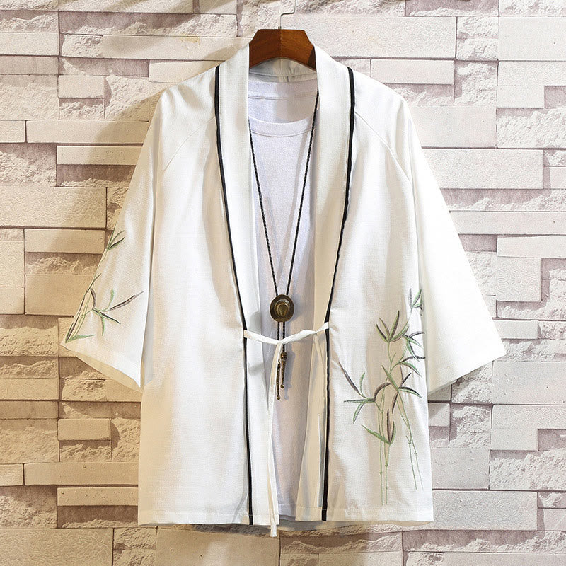 Veste kimono ouverte pour homme, broderie de Buddha Stones, dragon, phénix, nuage de bon augure, vagues, feuilles, grues