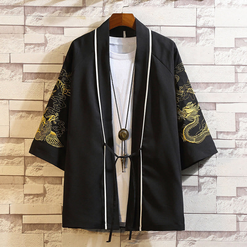 Veste kimono ouverte pour homme, broderie de Buddha Stones, dragon, phénix, nuage de bon augure, vagues, feuilles, grues