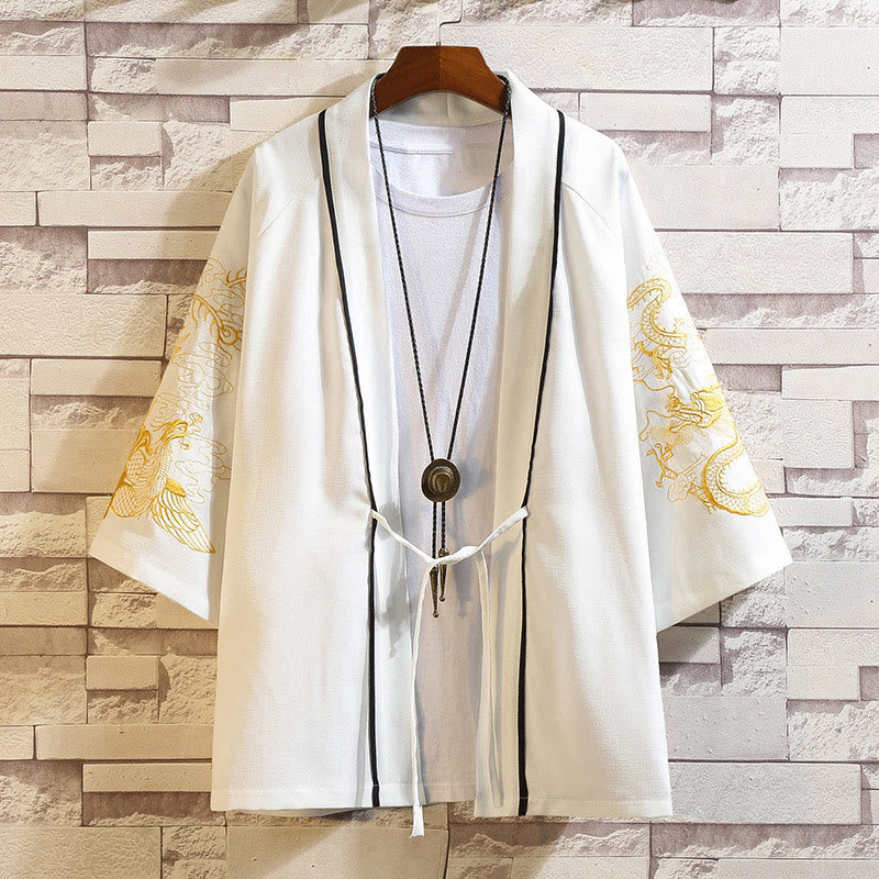Veste kimono ouverte pour homme, broderie de Buddha Stones, dragon, phénix, nuage de bon augure, vagues, feuilles, grues