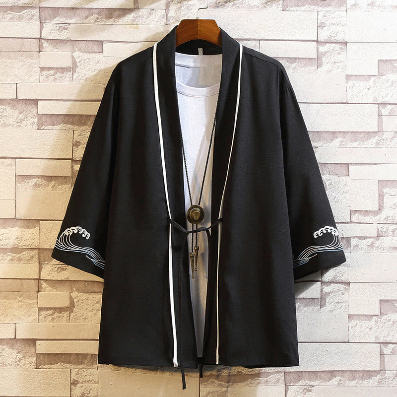 Veste kimono ouverte pour homme, broderie de Buddha Stones, dragon, phénix, nuage de bon augure, vagues, feuilles, grues