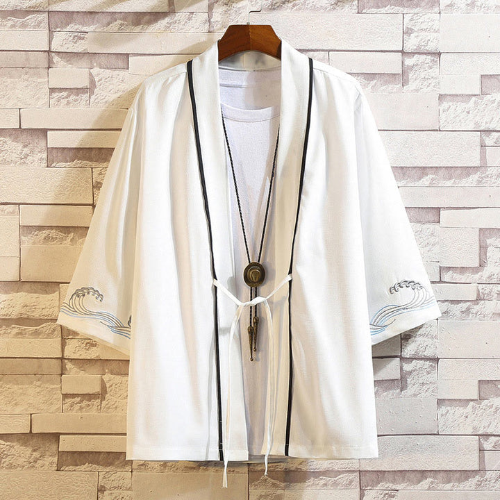 Veste kimono ouverte pour homme, broderie de Buddha Stones, dragon, phénix, nuage de bon augure, vagues, feuilles, grues