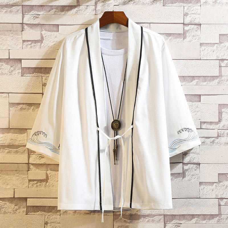 Veste kimono ouverte pour homme, broderie de Buddha Stones, dragon, phénix, nuage de bon augure, vagues, feuilles, grues - Vagues de l'océan - Blanc - US/UK/AU46，EU56 (5XL) - image 39
