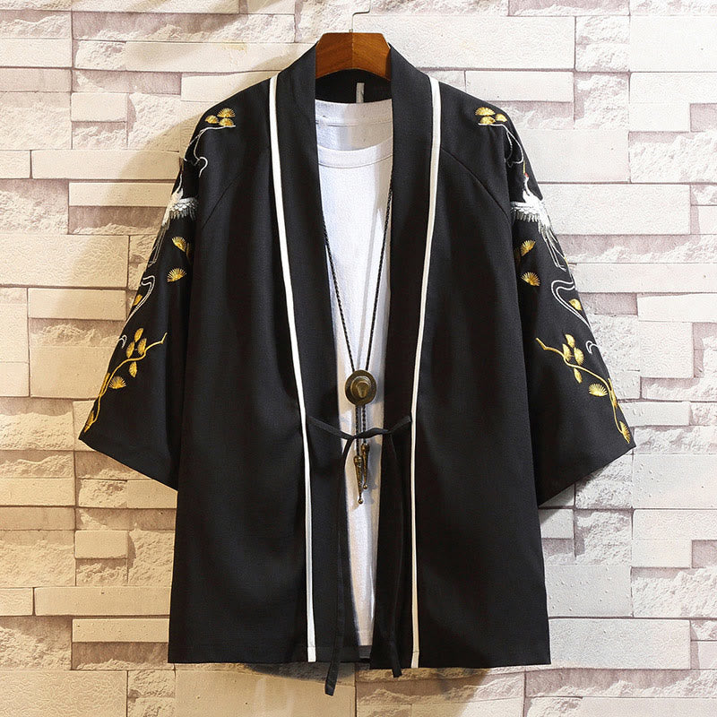 Veste kimono ouverte pour homme, broderie de Buddha Stones, dragon, phénix, nuage de bon augure, vagues, feuilles, grues