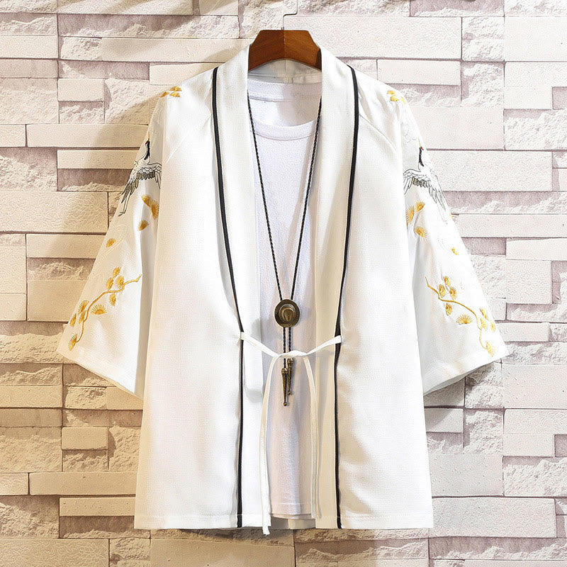 Veste kimono ouverte pour homme, broderie de Buddha Stones, dragon, phénix, nuage de bon augure, vagues, feuilles, grues