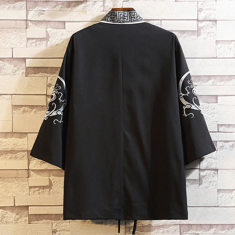Veste kimono ouverte pour homme, broderie de Buddha Stones, dragon, phénix, nuage de bon augure, vagues, feuilles, grues