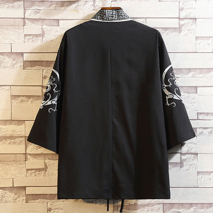 Veste kimono ouverte pour homme, broderie de Buddha Stones, dragon, phénix, nuage de bon augure, vagues, feuilles, grues