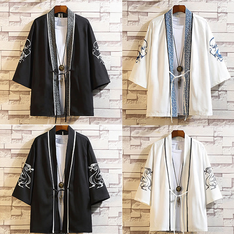 Veste kimono ouverte pour homme, broderie de Buddha Stones, dragon, phénix, nuage de bon augure, vagues, feuilles, grues