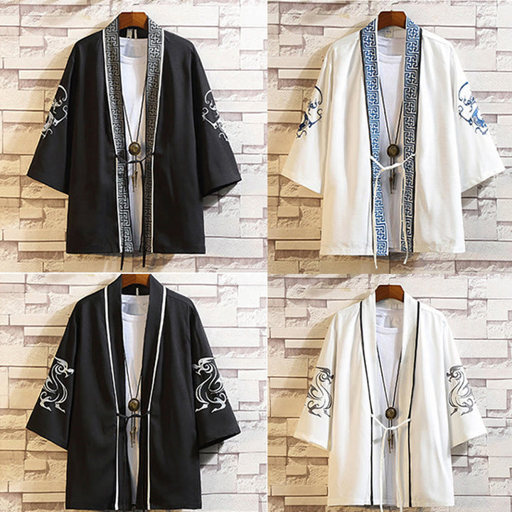 Veste kimono ouverte pour homme, broderie de Buddha Stones, dragon, phénix, nuage de bon augure, vagues, feuilles, grues