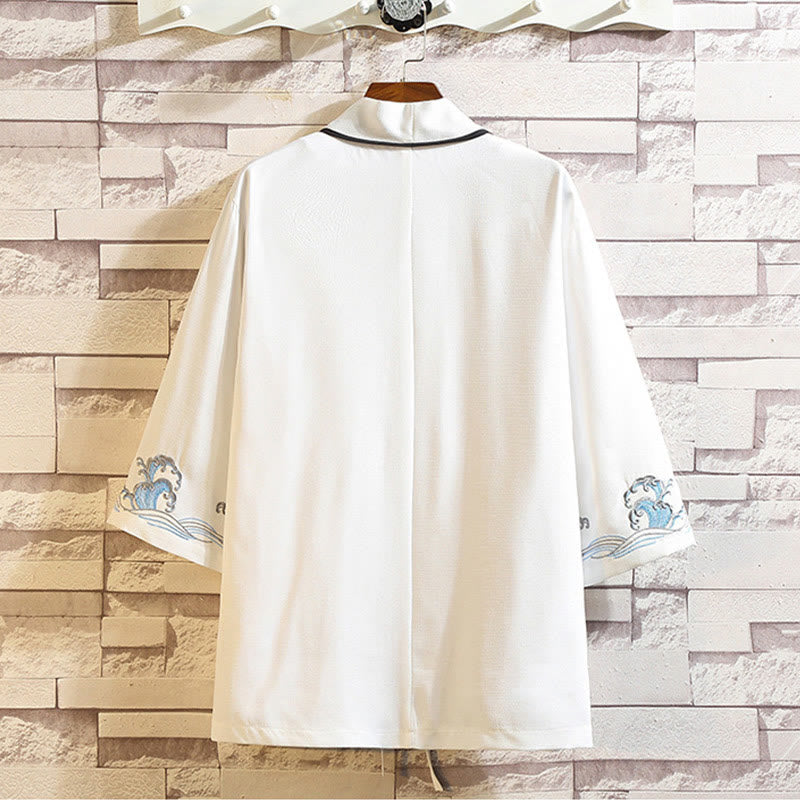 Veste kimono ouverte pour homme, broderie de Buddha Stones, dragon, phénix, nuage de bon augure, vagues, feuilles, grues