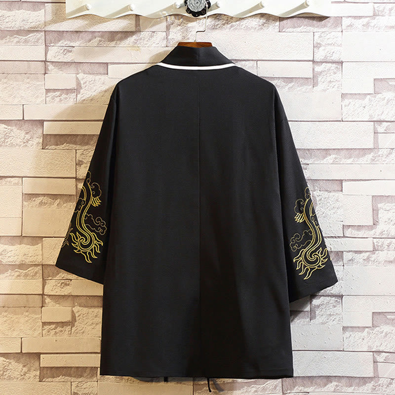 Veste kimono ouverte pour homme, broderie de Buddha Stones, dragon, phénix, nuage de bon augure, vagues, feuilles, grues - image 11