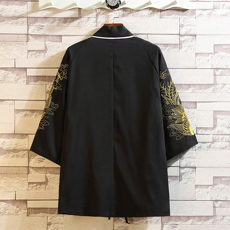 Veste kimono ouverte pour homme, broderie de Buddha Stones, dragon, phénix, nuage de bon augure, vagues, feuilles, grues