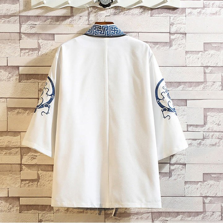 Veste kimono ouverte pour homme, broderie de Buddha Stones, dragon, phénix, nuage de bon augure, vagues, feuilles, grues - image 4