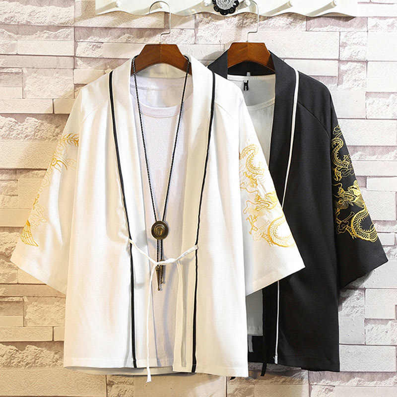 Veste kimono ouverte pour homme, broderie de Buddha Stones, dragon, phénix, nuage de bon augure, vagues, feuilles, grues