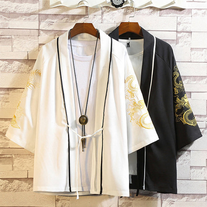 Veste kimono ouverte pour homme, broderie de Buddha Stones, dragon, phénix, nuage de bon augure, vagues, feuilles, grues