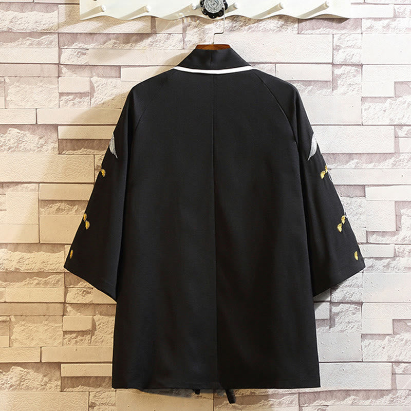 Veste kimono ouverte pour homme, broderie de Buddha Stones, dragon, phénix, nuage de bon augure, vagues, feuilles, grues