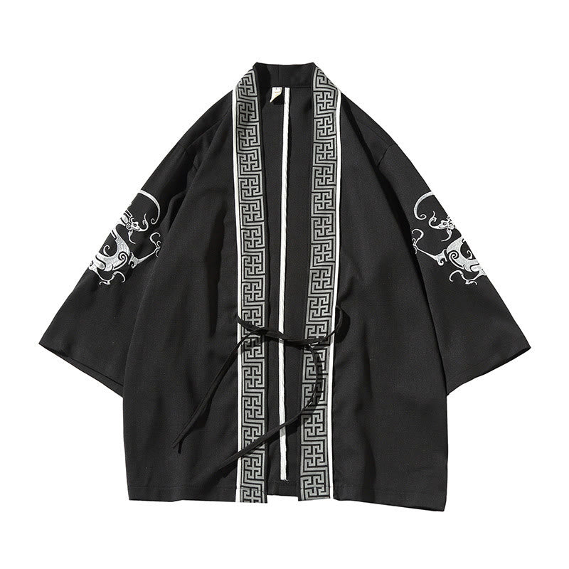 Veste kimono ouverte pour homme, broderie de Buddha Stones, dragon, phénix, nuage de bon augure, vagues, feuilles, grues