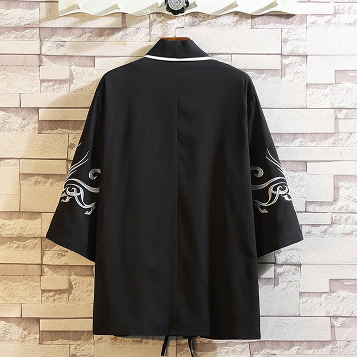 Veste kimono ouverte pour homme, broderie de Buddha Stones, dragon, phénix, nuage de bon augure, vagues, feuilles, grues - image 7