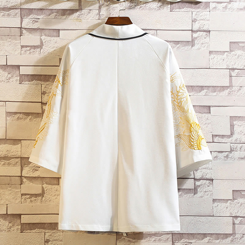 Veste kimono ouverte pour homme, broderie de Buddha Stones, dragon, phénix, nuage de bon augure, vagues, feuilles, grues - image 21