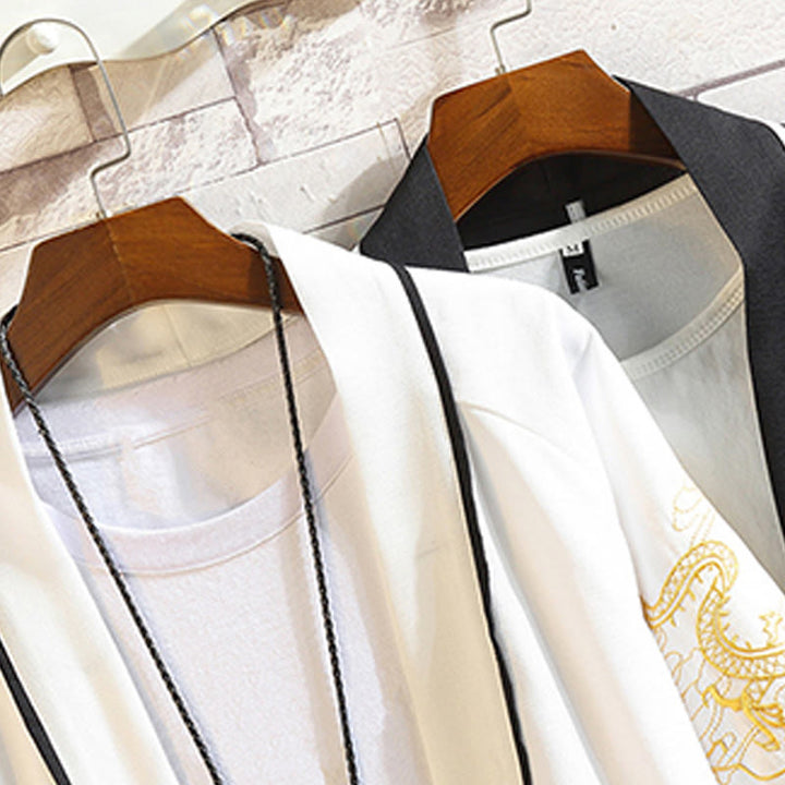 Veste kimono ouverte pour homme, broderie de Buddha Stones, dragon, phénix, nuage de bon augure, vagues, feuilles, grues - image 33