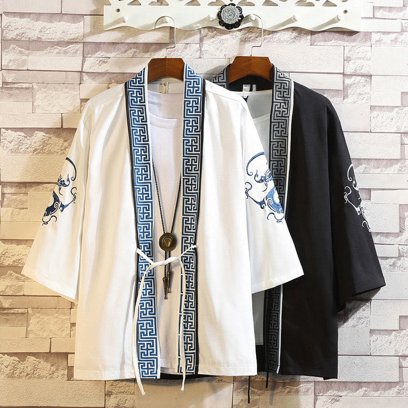 Veste kimono ouverte pour homme, broderie de Buddha Stones, dragon, phénix, nuage de bon augure, vagues, feuilles, grues