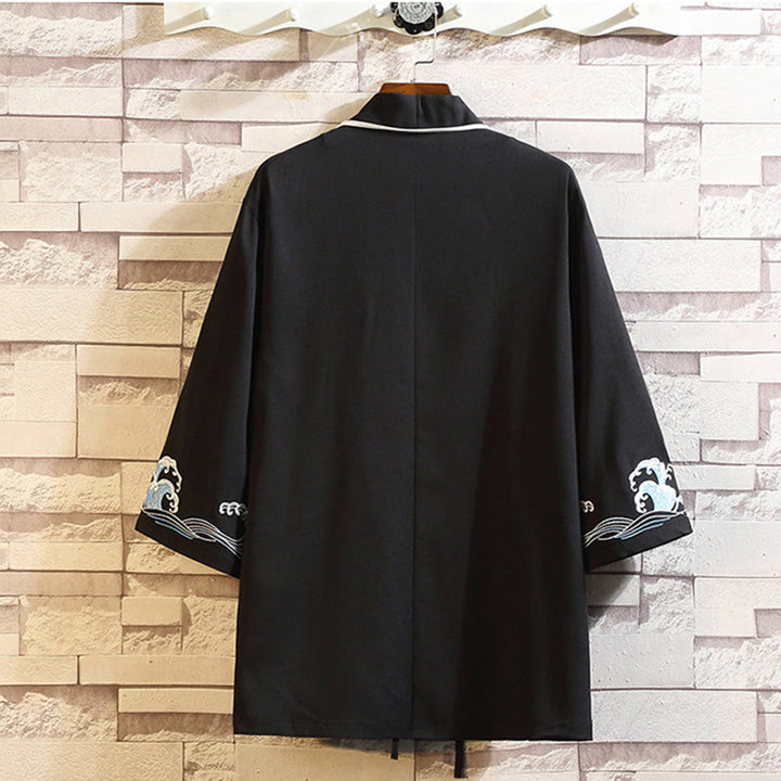 Veste kimono ouverte pour homme, broderie de Buddha Stones, dragon, phénix, nuage de bon augure, vagues, feuilles, grues