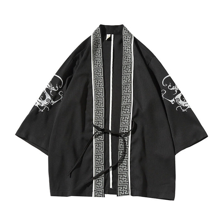 Veste kimono ouverte pour homme, broderie de Buddha Stones, dragon, phénix, nuage de bon augure, vagues, feuilles, grues - image 2