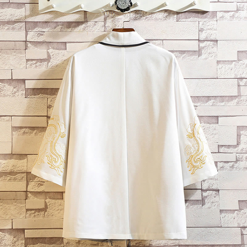 Veste kimono ouverte pour homme, broderie de Buddha Stones, dragon, phénix, nuage de bon augure, vagues, feuilles, grues - image 13