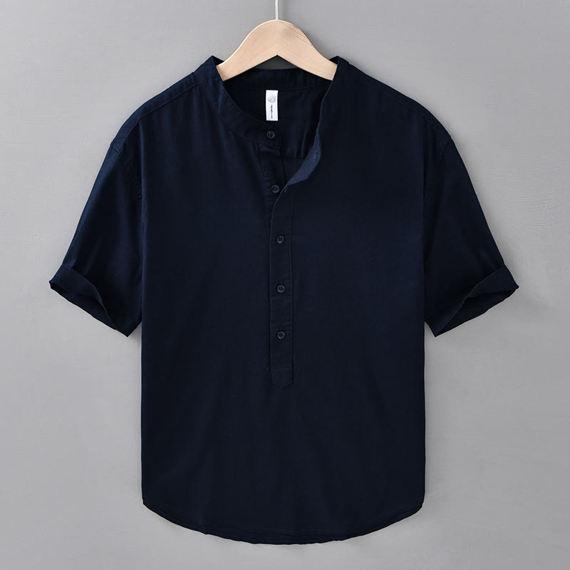 Chemise d'été pour homme, couleur unie, demi-boutonnée, manches courtes, en coton et lin, Buddha Stones - Bleu nuit - US/UK/AU42，EU52 (3XL) - image 15