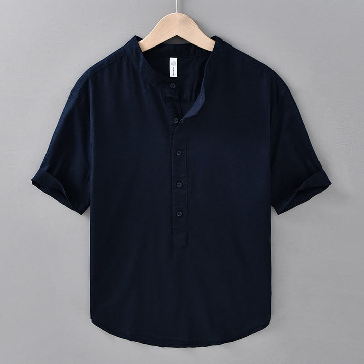 Chemise d'été pour homme, couleur unie, demi-boutonnée, manches courtes, en coton et lin, Buddha Stones - Bleu nuit - US/UK/AU42，EU52 (3XL) - image 15