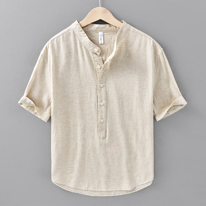Chemise d'été en coton et lin à manches courtes et demi-boutons pour homme, couleur unie, motif Buddha Stones