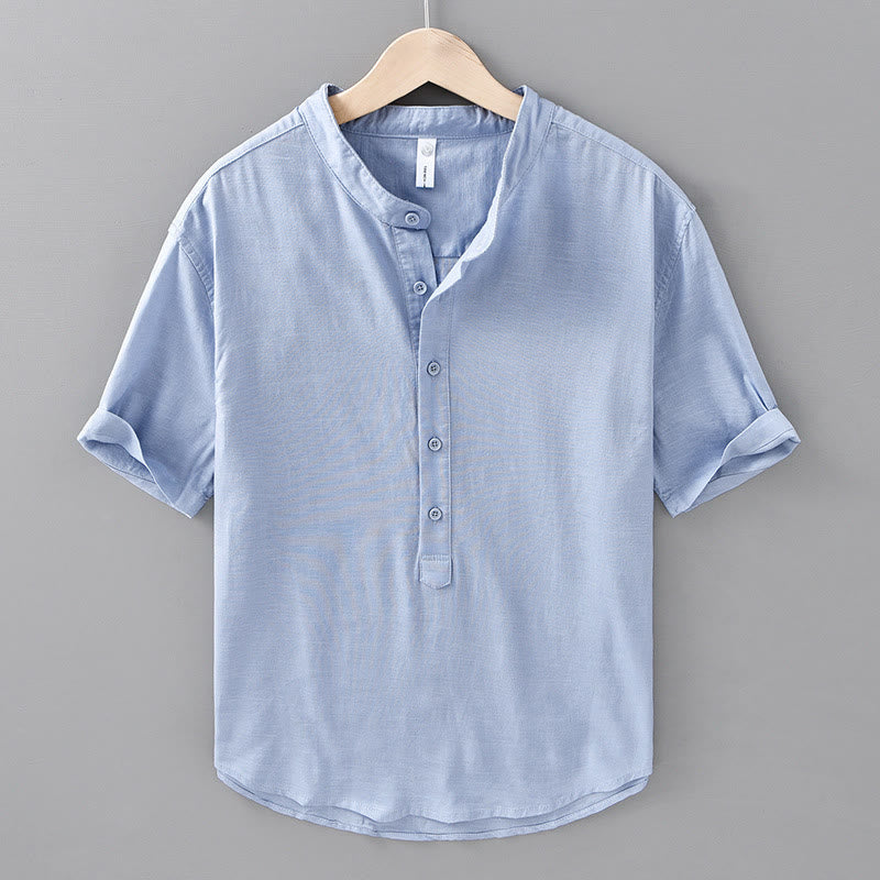 Chemise d'été en coton et lin à manches courtes et demi-boutons pour homme, couleur unie, motif Buddha Stones