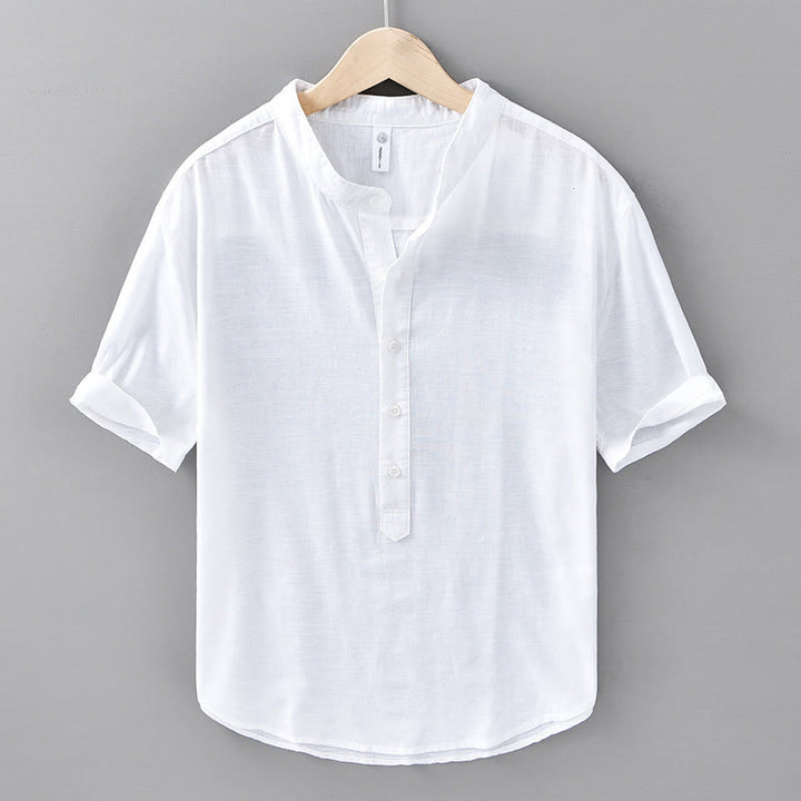 Chemise d'été en coton et lin à manches courtes et demi-boutons pour homme, couleur unie, motif Buddha Stones