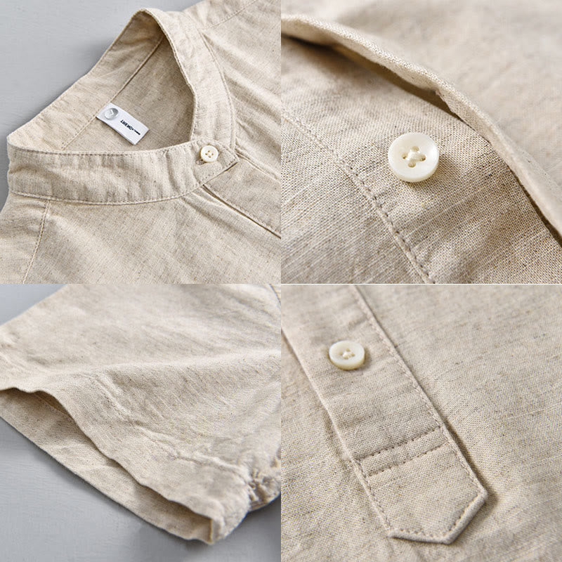 Chemise d'été en coton et lin à manches courtes et demi-boutons pour homme, couleur unie, motif Buddha Stones