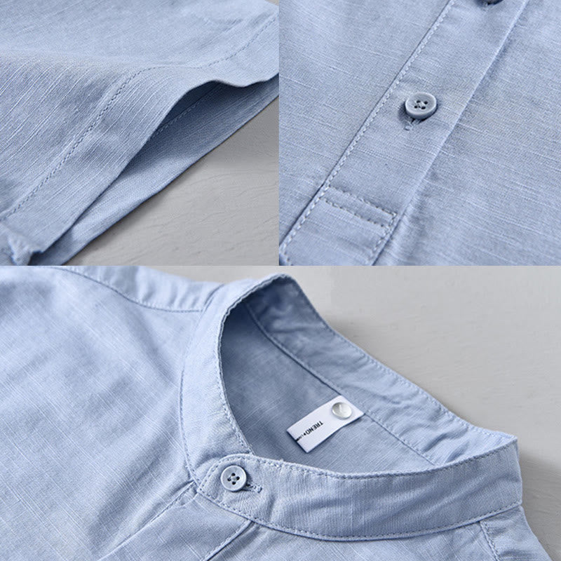 Chemise d'été en coton et lin à manches courtes et demi-boutons pour homme, couleur unie, motif Buddha Stones