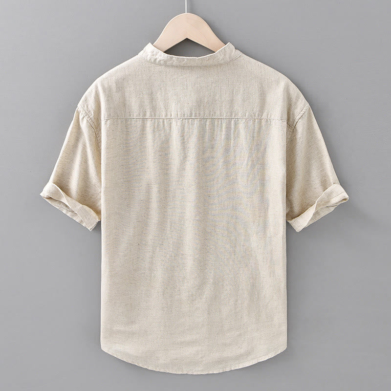 Chemise d'été en coton et lin à manches courtes et demi-boutons pour homme, couleur unie, motif Buddha Stones